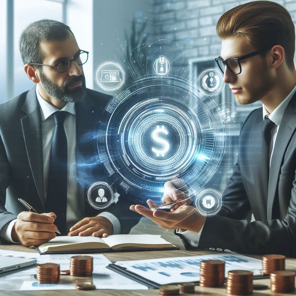 A financial advisor consulting with a client to achieve financial freedom, both seated at a table with documents and a laptop.