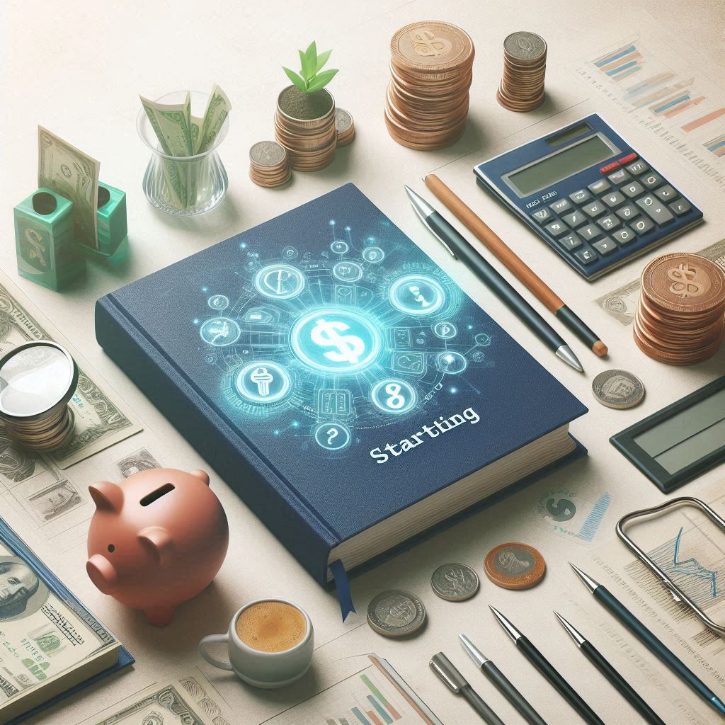 A collection of financial books and resources essential for financial education and lifelong success, arranged on a desk with a notebook and pen nearby.