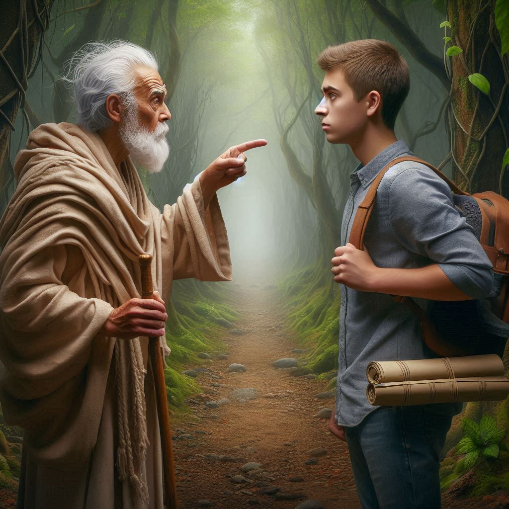 An elderly person in a robe pointing at a younger person with a backpack on a forest path.