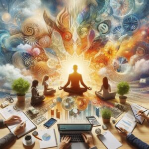 A vibrant and dynamic image depicting a blend of financial services and mindfulness. The central figure is a person meditating, surrounded by a burst of colorful, abstract patterns and symbols. Around the meditating figure, people are engaged in various financial activities, such as working on laptops, analyzing charts, and handling money.