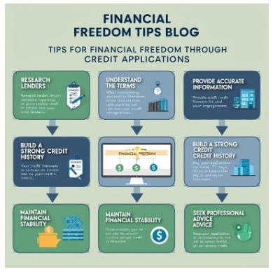 A visual guide titled 'Financial Freedom Tips Blog' providing tips for financial freedom through credit applications. The guide includes steps such as researching lenders, understanding terms, providing accurate information, building a strong credit history, maintaining financial stability, and seeking professional advice.