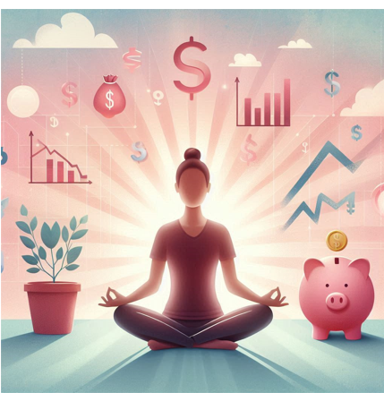 A person meditating with financial symbols and graphs in the background, symbolizing the balance between mindfulness and financial success.