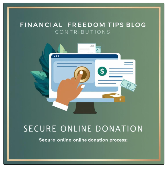 Hand pressing a donate button on a computer screen with money and documents around it for Financial Freedom Tips Blog Contributions, Donations and Gifts.