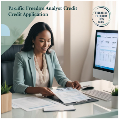 Newsletter - A professional woman in a light blue blazer seated at a desk, reviewing a credit application form, with a computer screen displaying financial data in the background.