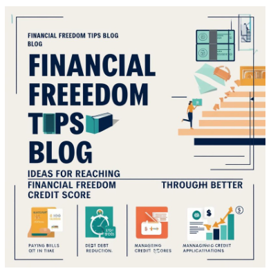 Financial Freedom Tips Blog infographic with ideas for reaching financial freedom through better credit score management. Includes tips on paying bills on time, debt reduction, managing credit scores, and managing credit applications.