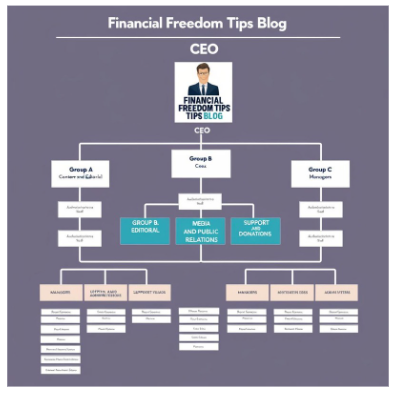 "Organogram of Financial Freedom Tips Blog detailing the hierarchical structure, including CEO, groups, departments, and staff roles.