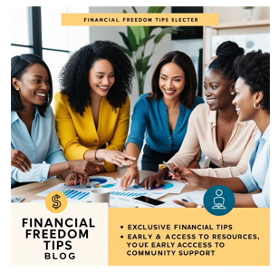 Newsletter - Diverse individuals discussing financial strategies around a table with charts and graphs, promoting Financial Freedom Tips.