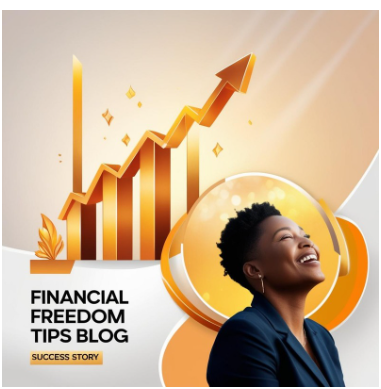 "A rising bar chart with an arrow pointing upwards, symbolizing financial growth. Below the chart, the text reads 'FINANCIAL FREEDOM TIPS BLOG' and 'SUCCESS STORY.' To the right, a person in a dark blazer looks upwards, symbolizing aspiration.