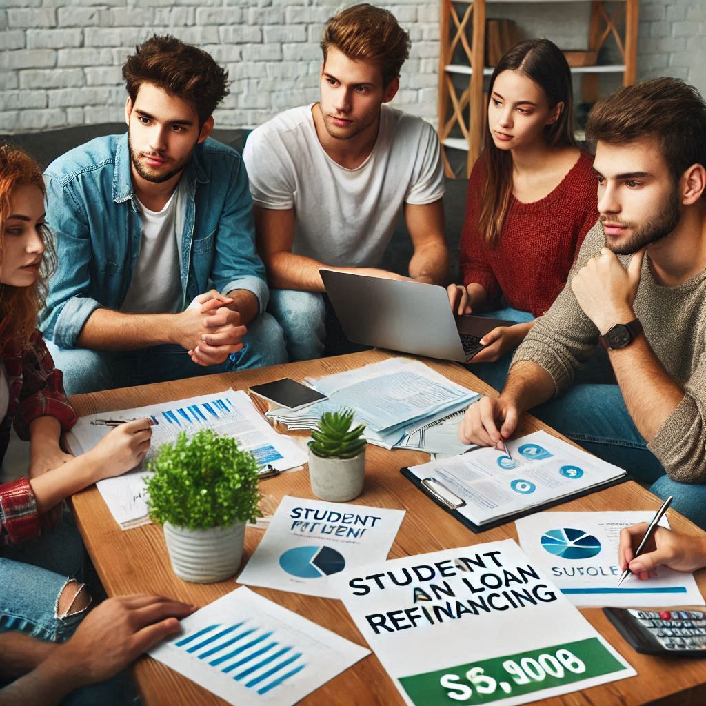 A group of people gathered around a table, discussing student loan refinancing. The table is filled with documents, charts, and a laptop, indicating a focused and collaborative effort to understand and manage student loans.